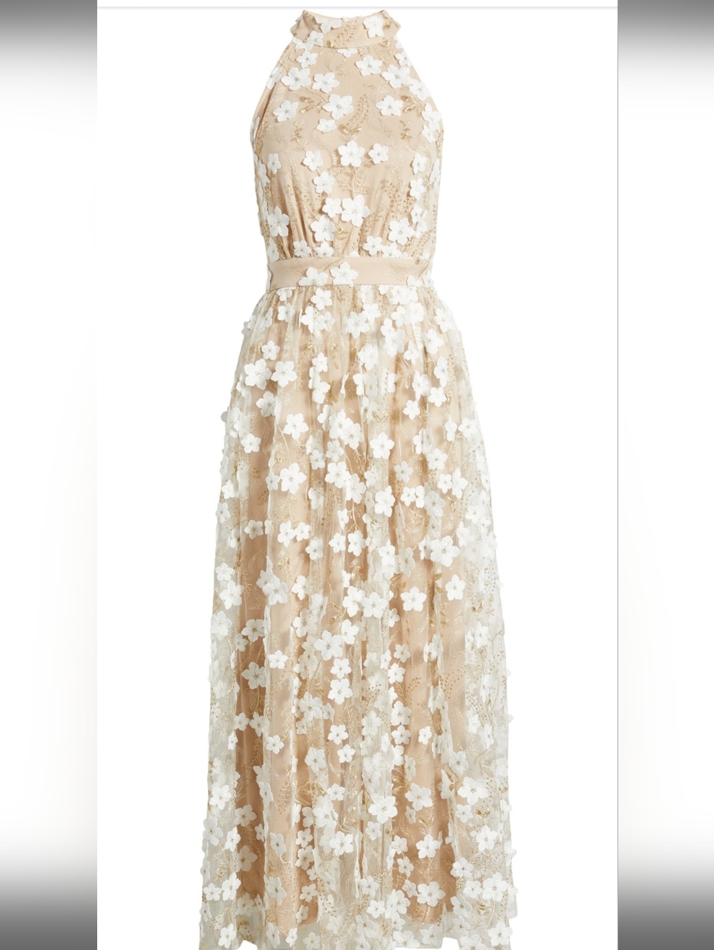 CHELSEA28 3D FLORAL WHITE & GOLD HALTER MAXI DRESS SZ XS